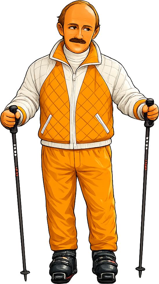 Jean, la cinquantaine, dégarni et moustachu, en combinaison de ski orange, bâtons de ski à la main.